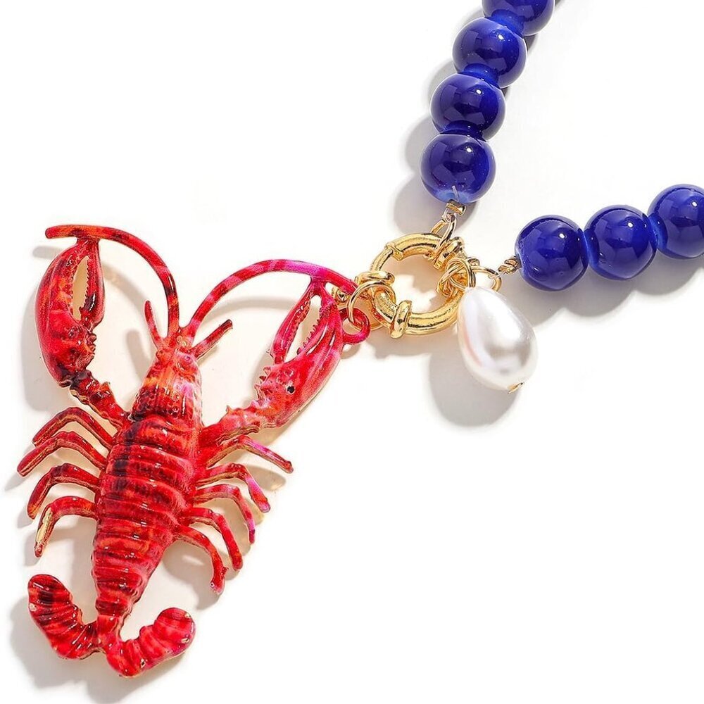 Elegant Deep Blue Beaded Lobster Pendant Necklace for Women - Beach Chic - Picture 4 of 7